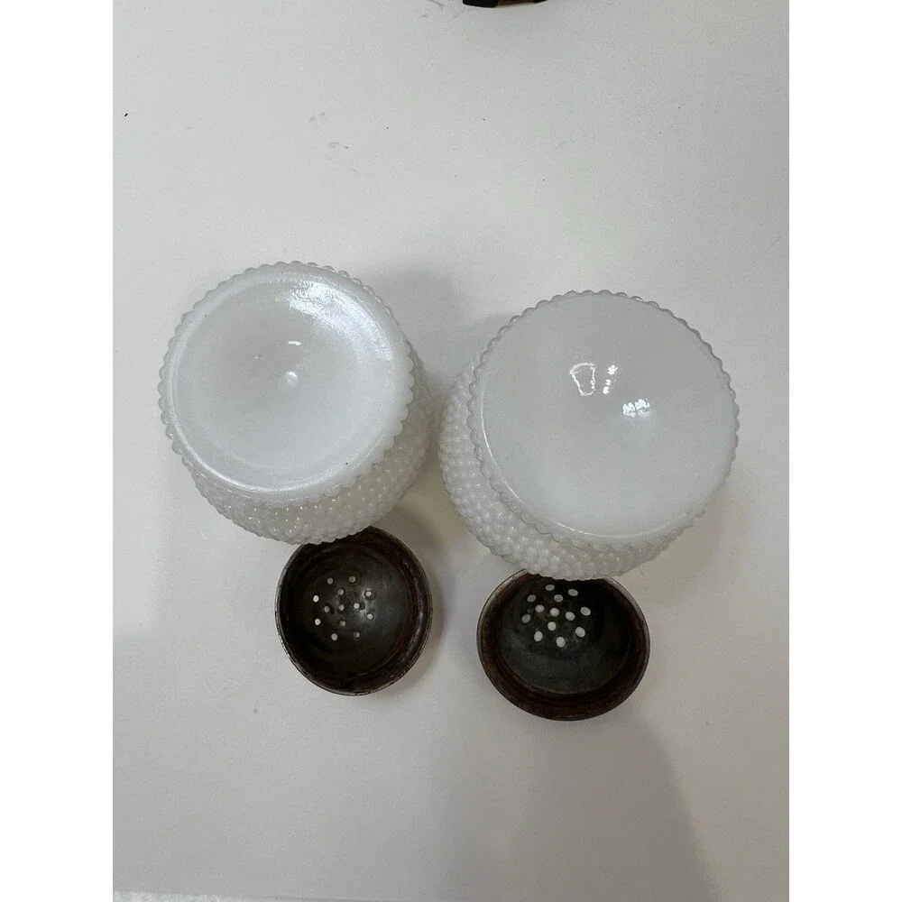 Antique Acorn Opal Glass Salt Pepper Shakers Lids 1880s Rare EAPG Pedestal Foot